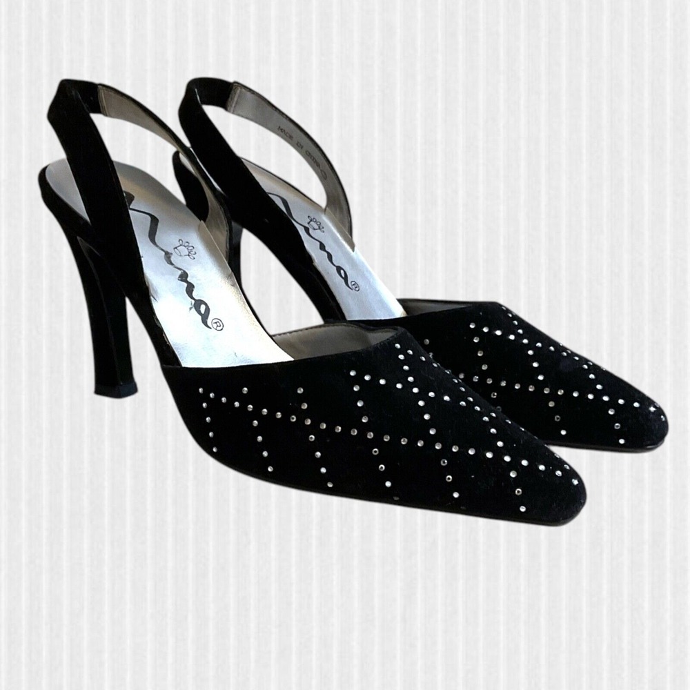 Touch Of‎ Nina Heels Women's Size 7M Black Suede Sparkle Rhinestones Slingback's